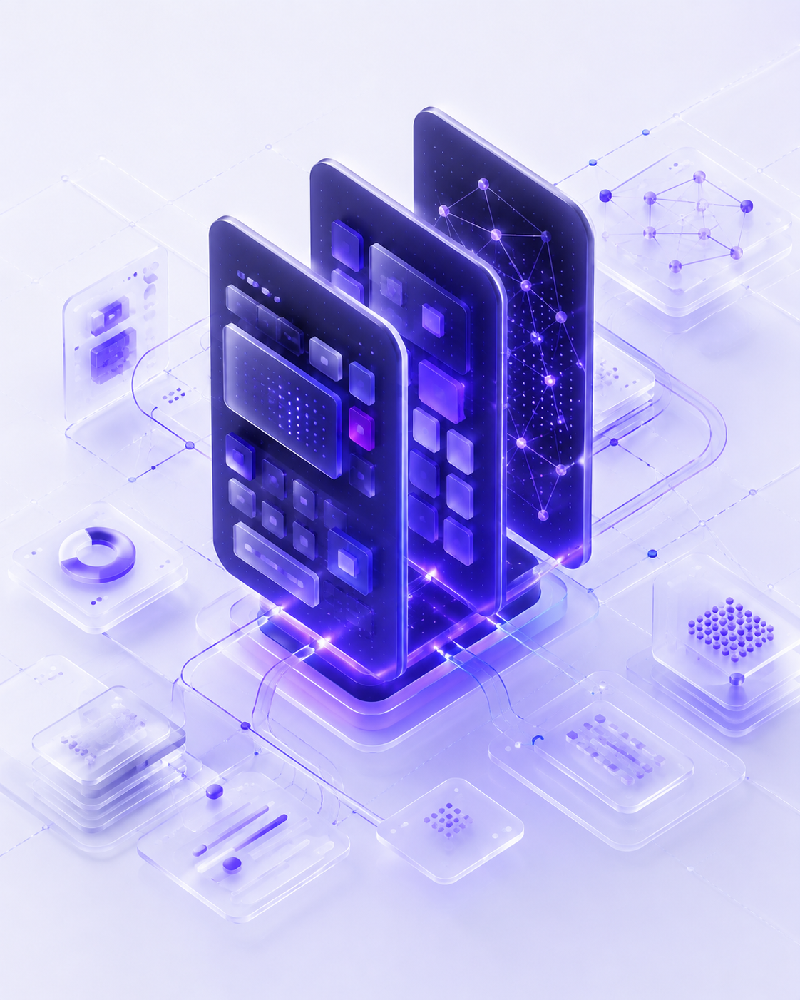 Abstract 3D system connecting product engineering, brand identity, and AI automation